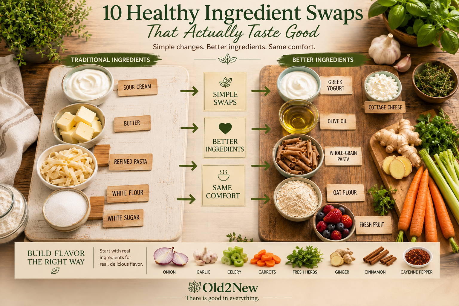 A kitchen counter showing ten ingredient swap pairs side by side β Greek yogurt next to sour cream, whole grain pasta next to white pasta, olive oil next to butter, cottage cheese next to heavy cream, and more β on a warm rustic surface