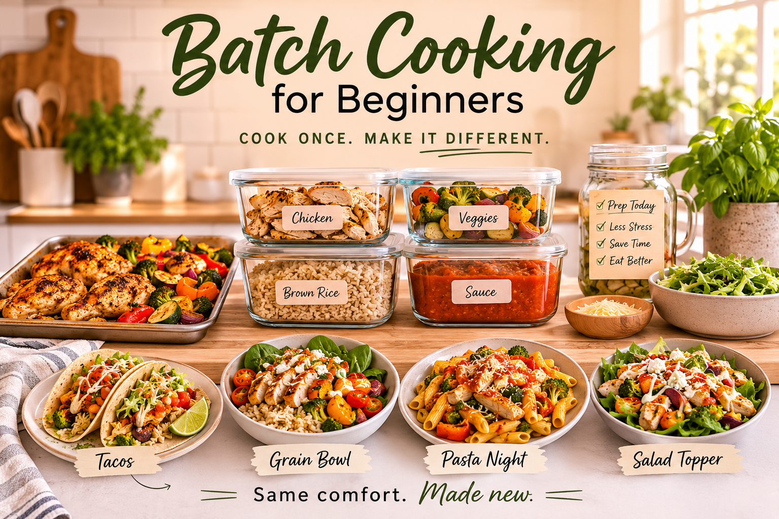 A kitchen counter with a sheet pan of roasted vegetables, a pot of rice, and cooked chicken portions being portioned into clear containers