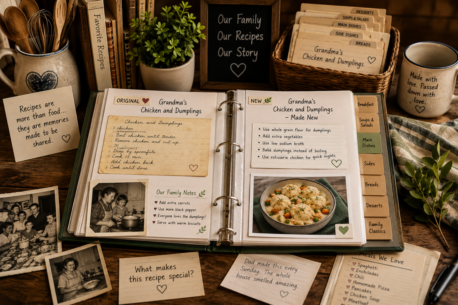 An open family recipe binder with handwritten recipe cards, photographs, and personal notes on a kitchen table