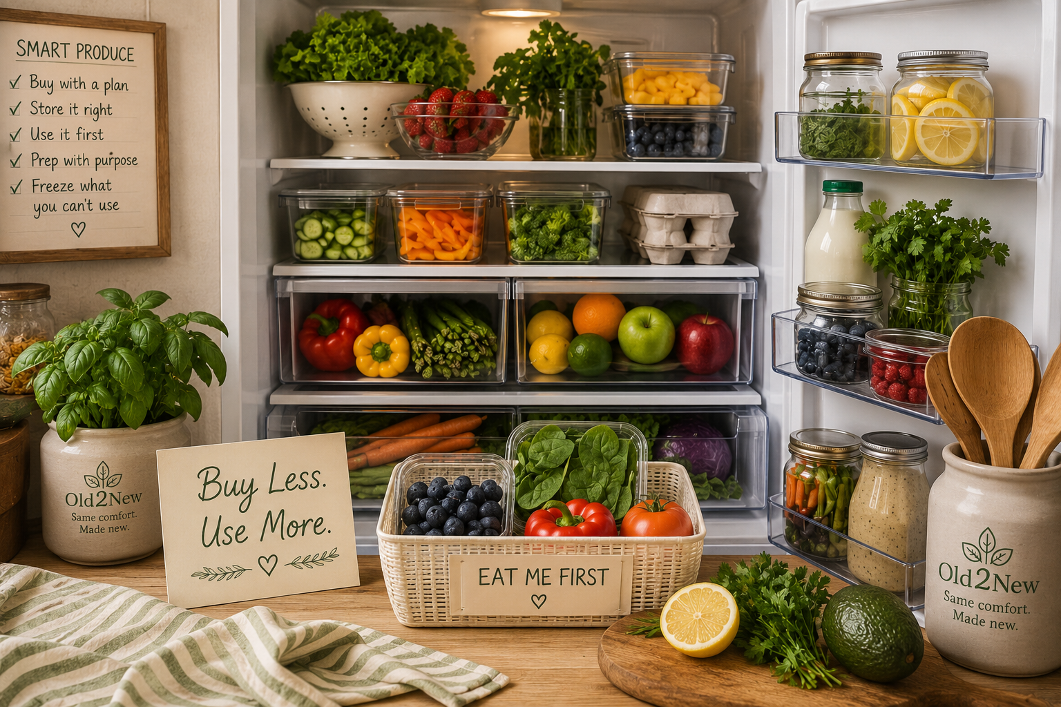 Fresh vegetables and fruit organized in a refrigerator with clear containers showing what needs to be used first