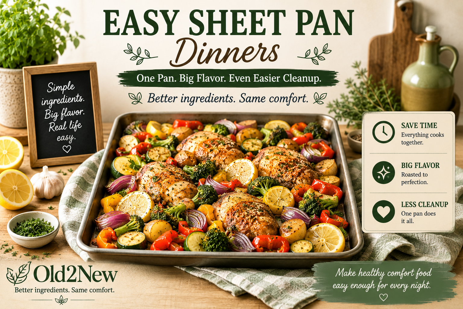 A sheet pan with golden roasted chicken thighs, colorful vegetables, and fresh herbs just out of the oven