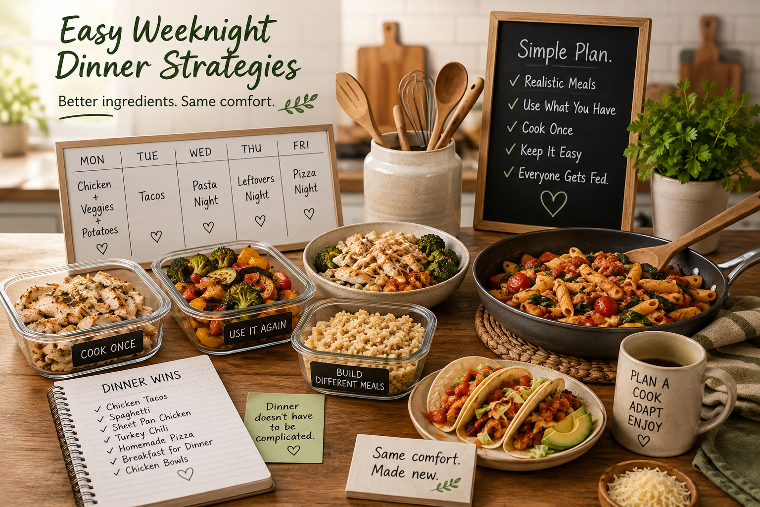A simple weeknight dinner of chicken, roasted vegetables, and rice being plated quickly in a bright home kitchen