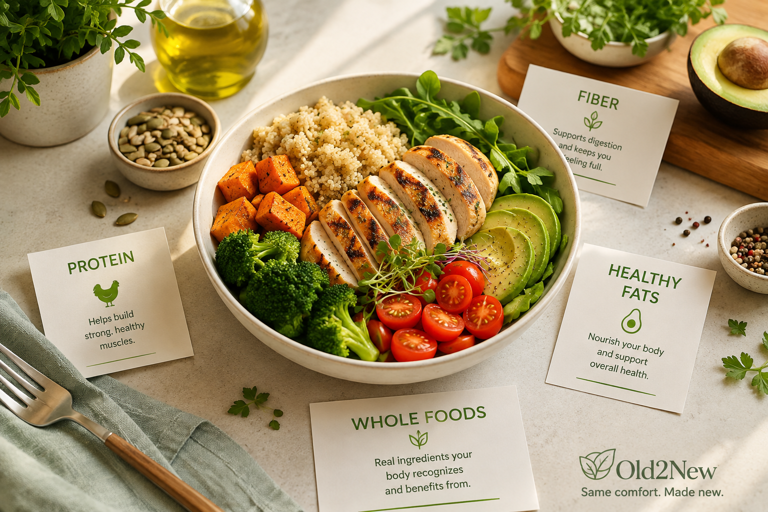 A warm, inviting plate of transformed comfort food โ high protein, fiber-rich, and satisfying โ representing GLP-1 friendly cooking without restriction