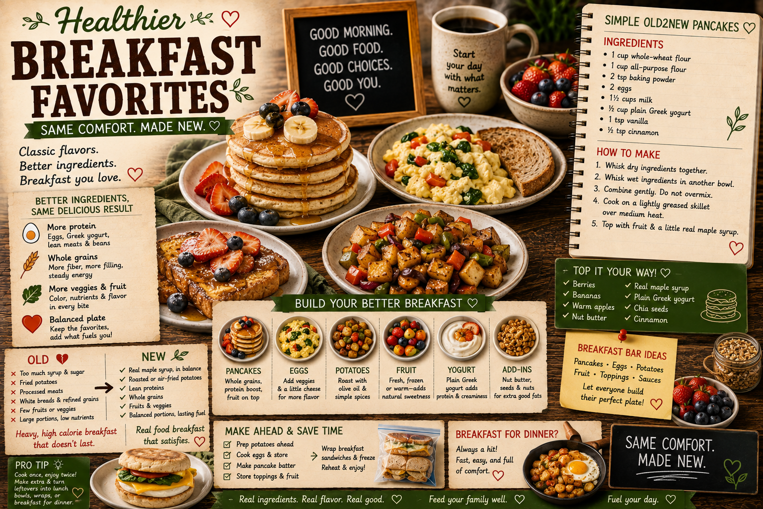 A Sunday breakfast spread with fluffy pancakes, scrambled eggs with vegetables, crispy roasted potatoes, and fresh berries on a wooden table