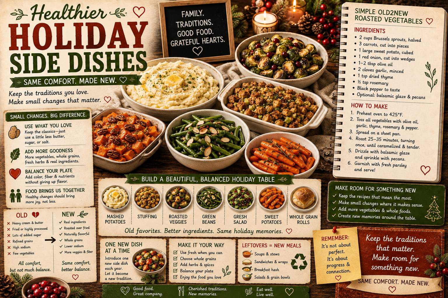A holiday table with roasted vegetables, mashed potatoes, stuffing, green beans, and a fresh salad alongside traditional family dishes