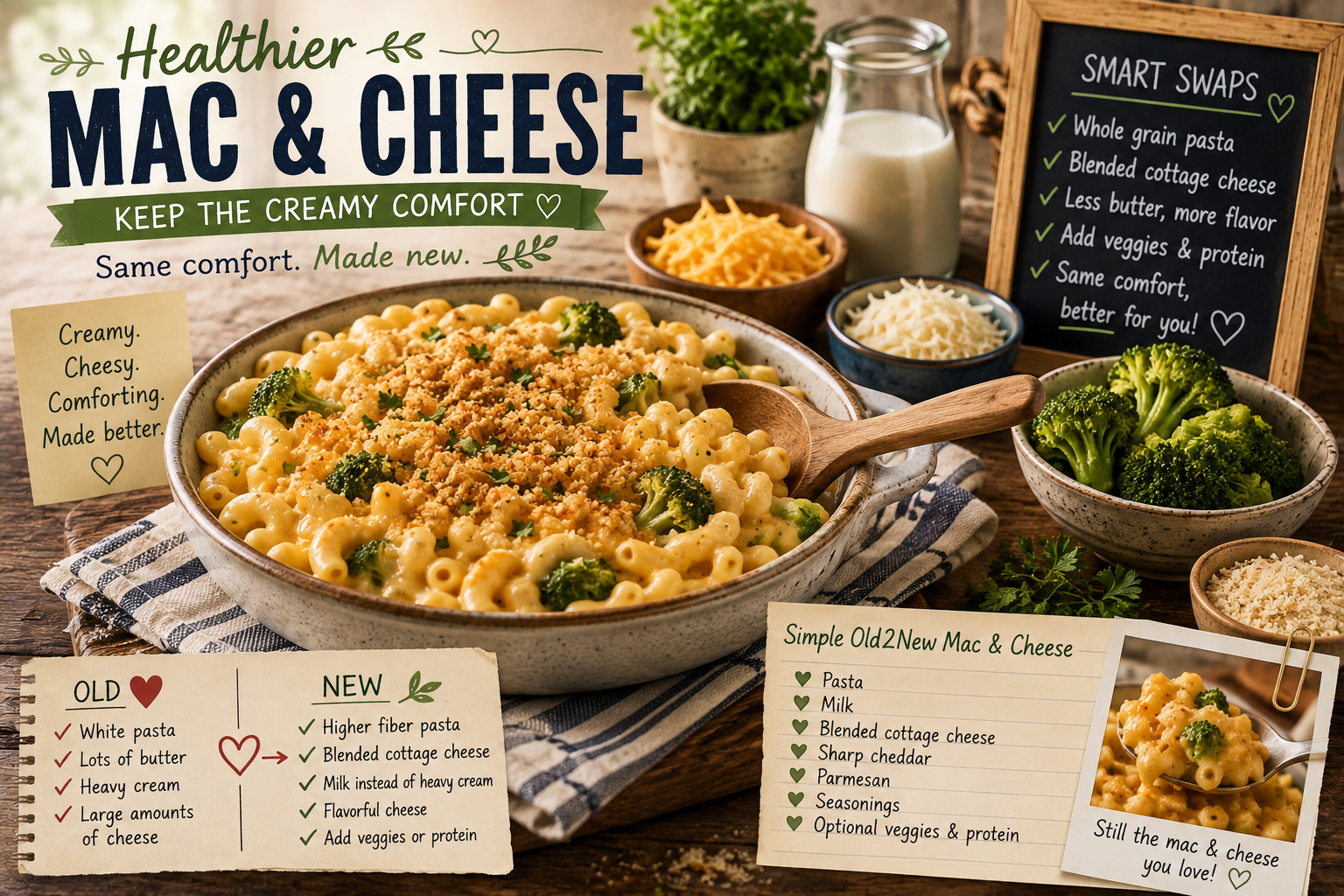 A creamy bowl of mac and cheese with a golden panko topping and broccoli florets in a white ceramic baking dish