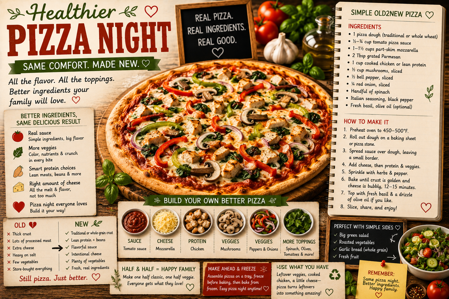 A homemade pizza with golden crust, melted mozzarella, colorful vegetables, and fresh basil on a wooden pizza board