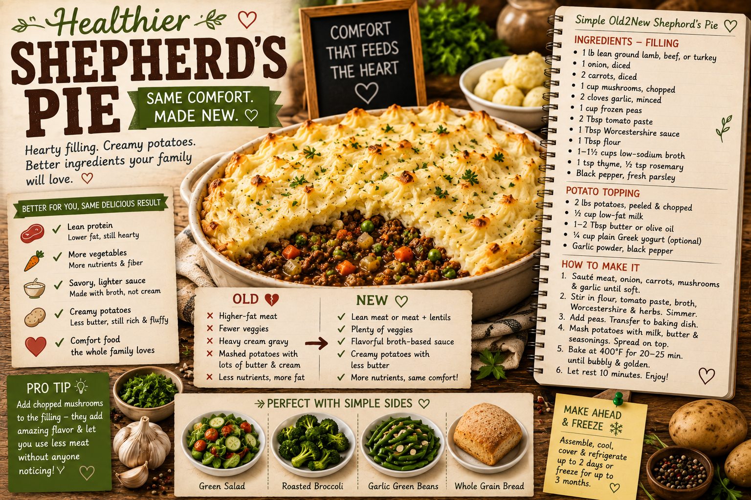 A shepherd's pie in a white baking dish with golden-peaked mashed potatoes and a rich visible filling around the edges