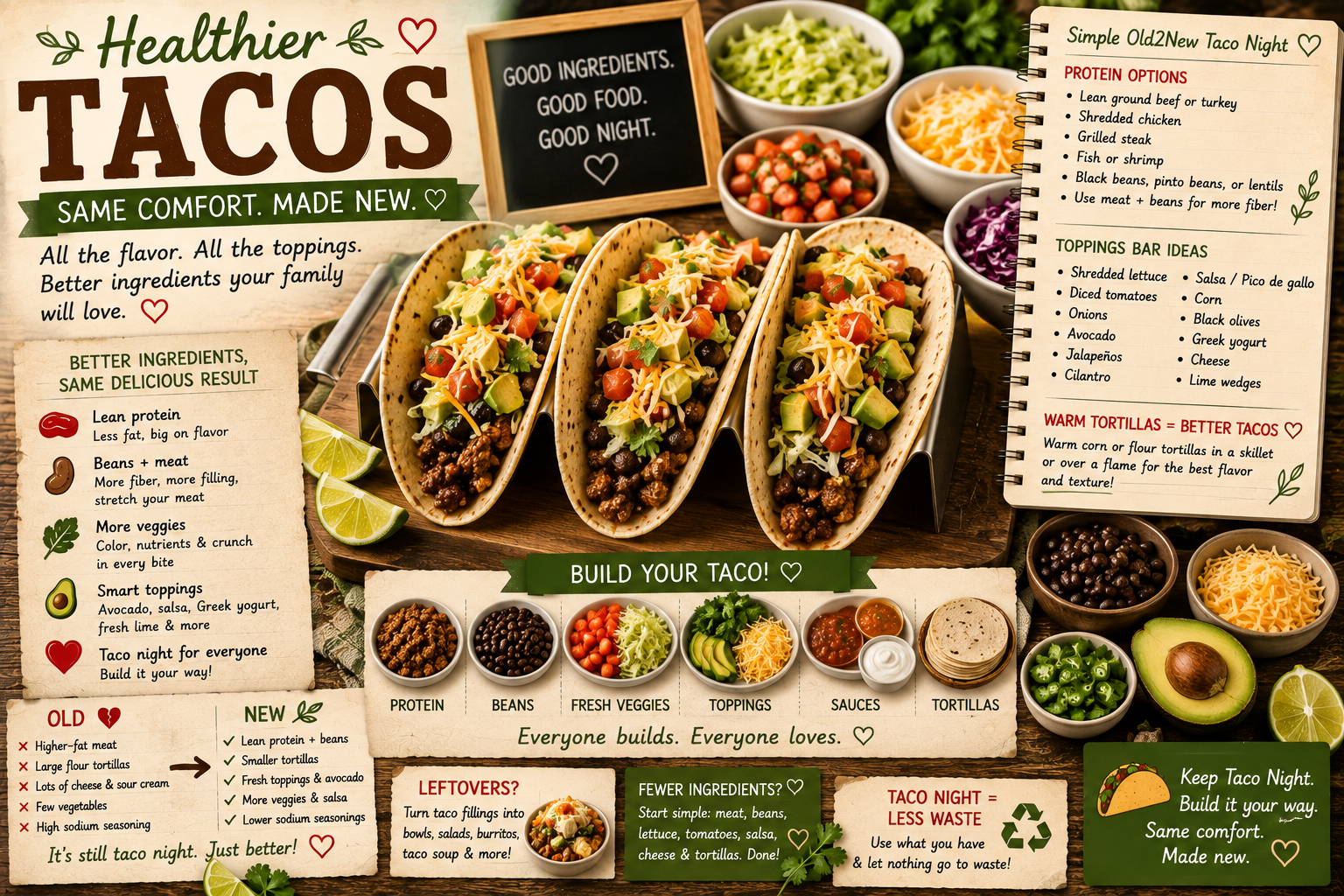 A spread of taco ingredients on a wooden table — warm tortillas, seasoned beef and beans, fresh toppings, avocado, salsa, and cheese for a taco bar