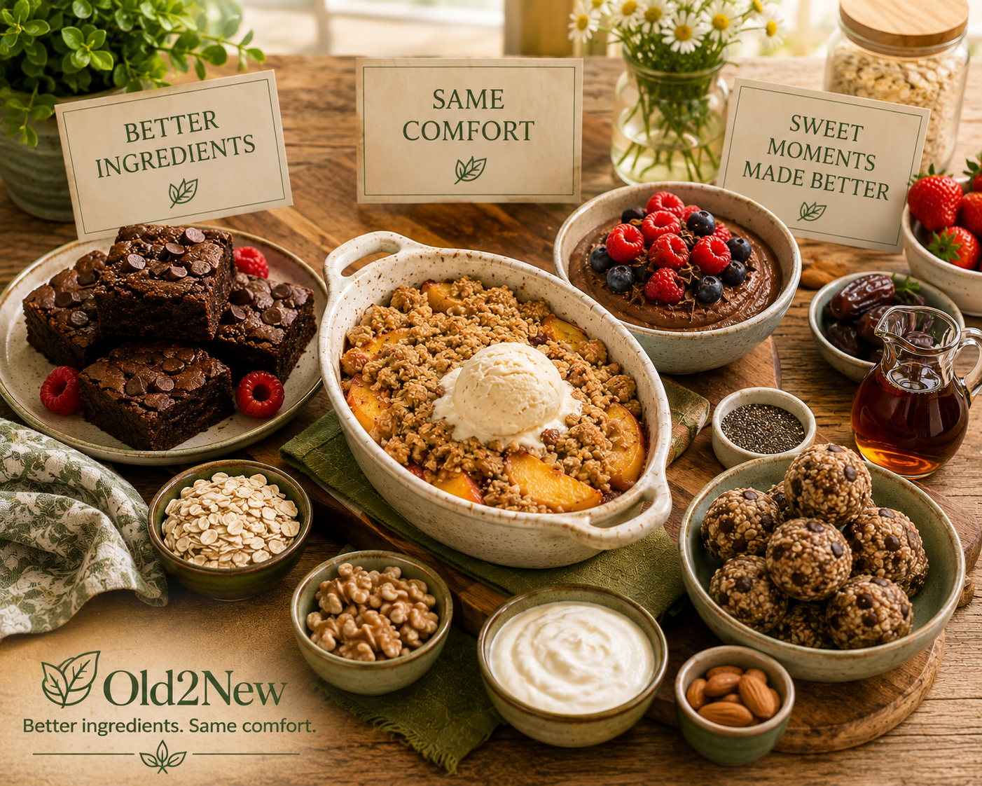 A warm, inviting spread of healthier desserts โ a peach cobbler, a tray of brownies, a bowl of energy balls with oats and nuts, and fresh fruit โ all looking indulgent and satisfying on a rustic kitchen table