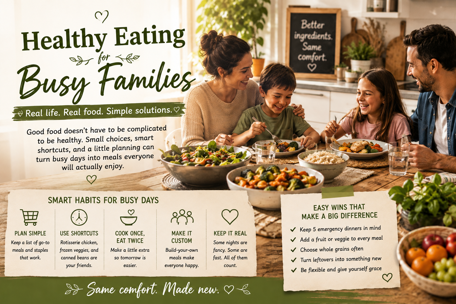 A busy family kitchen with simple dinner ingredients laid out on the counter โ rotisserie chicken, frozen vegetables, tortillas, and pantry staples ready to become a meal