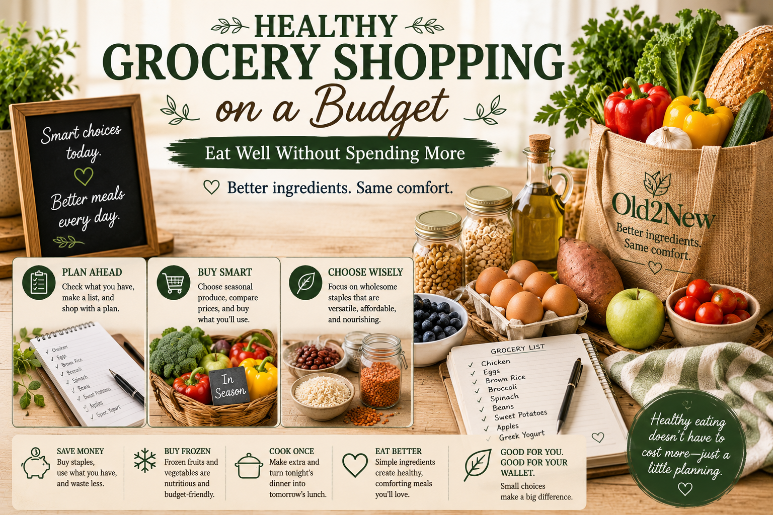 A grocery cart filled with fresh vegetables, beans, whole grains, and eggs in a bright grocery store