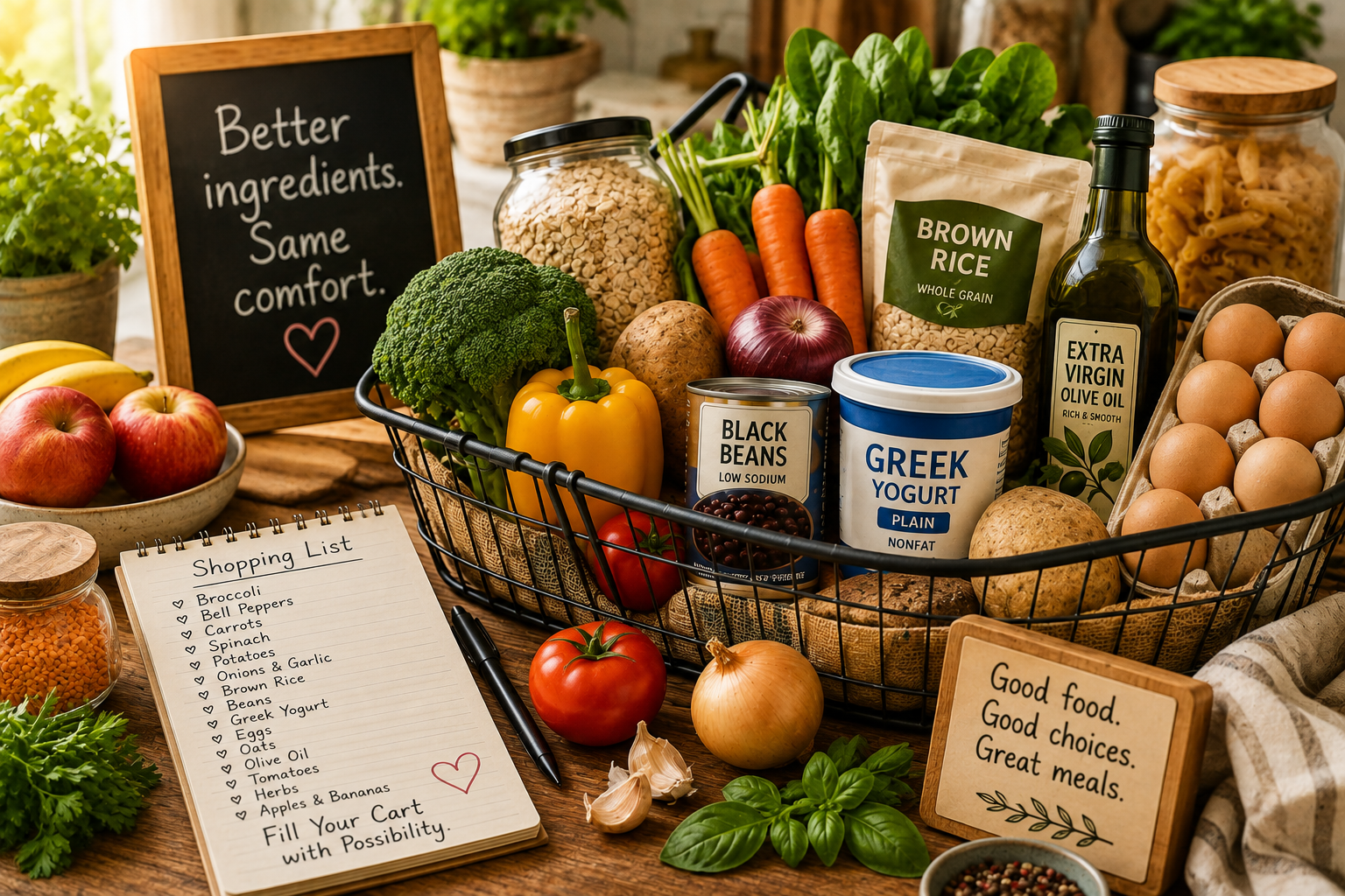 A warm, sunlit grocery scene with a reusable shopping basket filled with colorful everyday ingredients โ potatoes, onions, broccoli, bell peppers, tomatoes, eggs, Greek yogurt, canned beans, brown rice, and whole grain pasta โ beside a handwritten shopping list