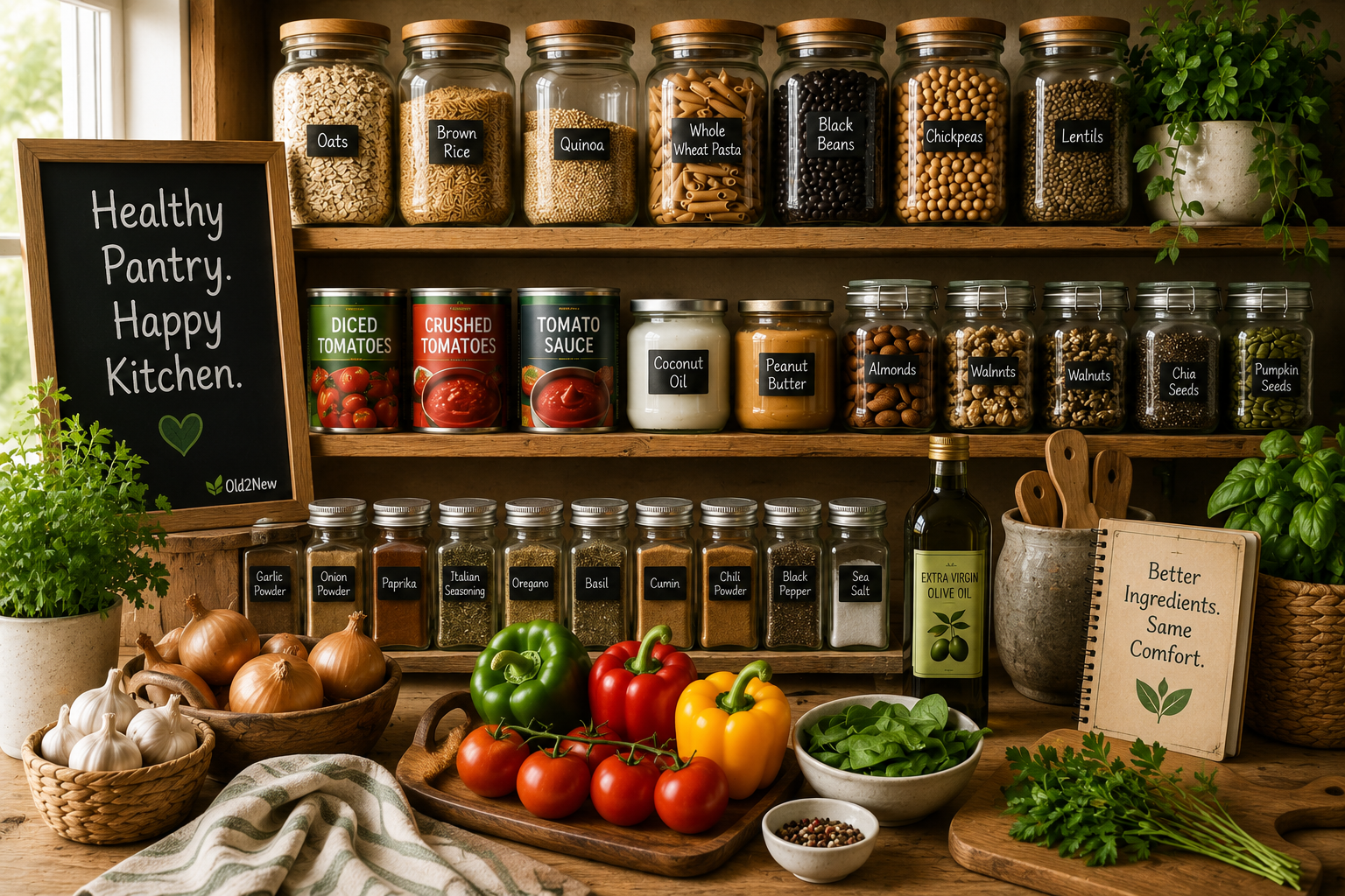 A beautifully organized pantry shelf with glass jars of oats, brown rice, pasta, beans, lentils, herbs and spices, olive oil, canned tomatoes, nuts, seeds, and whole grain ingredients in warm natural light