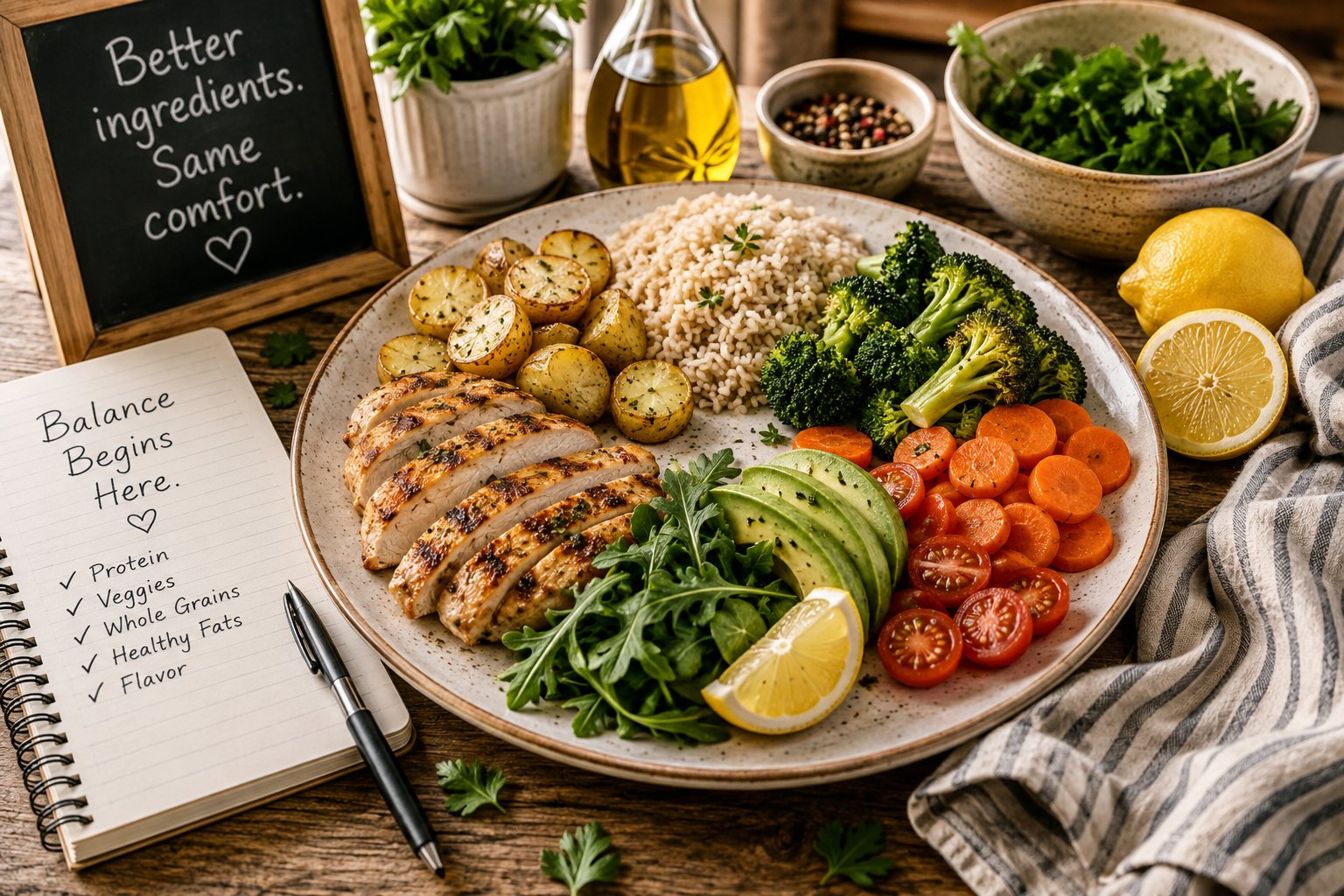 A beautiful overhead view of a balanced plate divided naturally into sections โ half filled with colorful roasted vegetables and leafy greens, a quarter with whole grain brown rice, a quarter with grilled chicken โ beside small bowls of olive oil, lemon, and fresh herbs on a warm wooden table