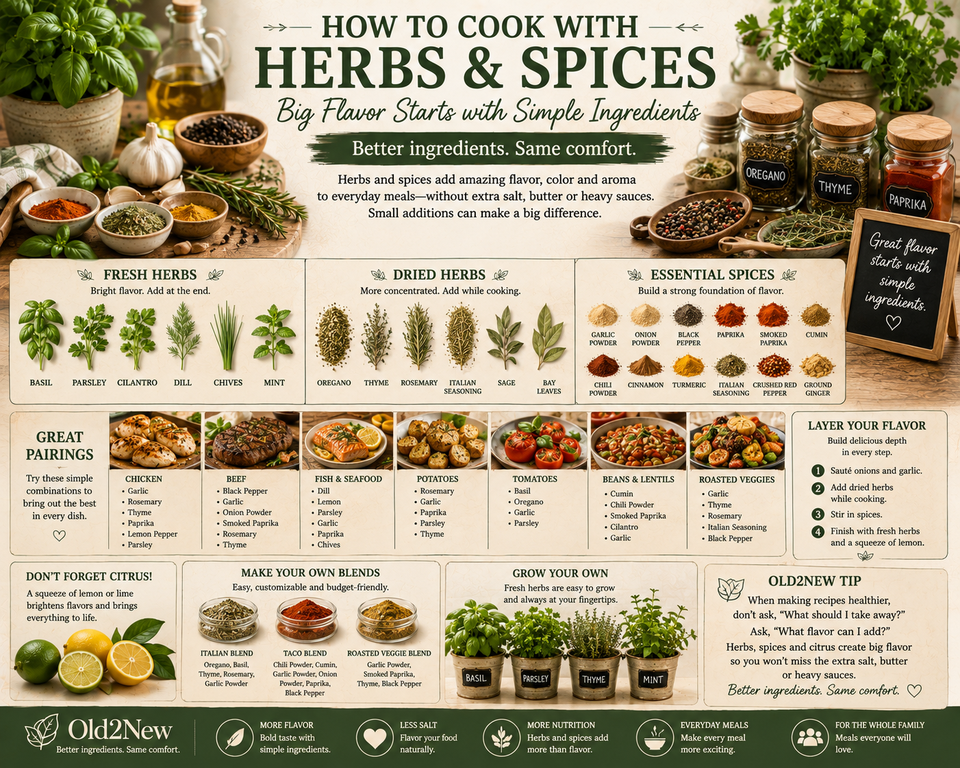 Fresh herbs including basil, rosemary, thyme, and parsley alongside colorful spices in small bowls on a wooden kitchen surface