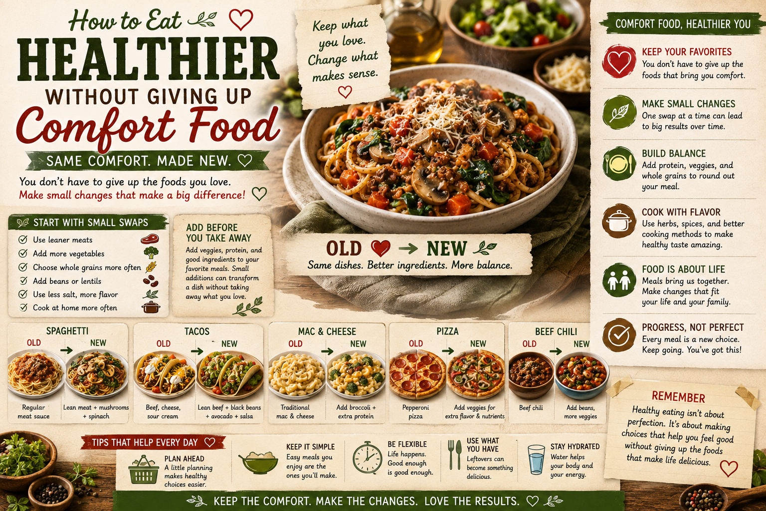 A satisfying comfort food dinner spread showing pasta, tacos, and pizza alongside fresh vegetables and fruit β familiar foods made better