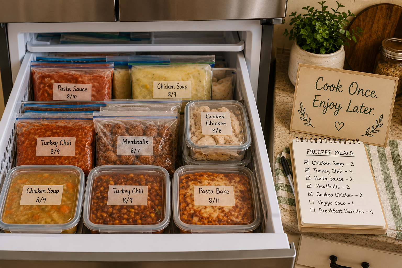 Labeled freezer containers of soup, chili, and cooked grains organized neatly in a chest freezer