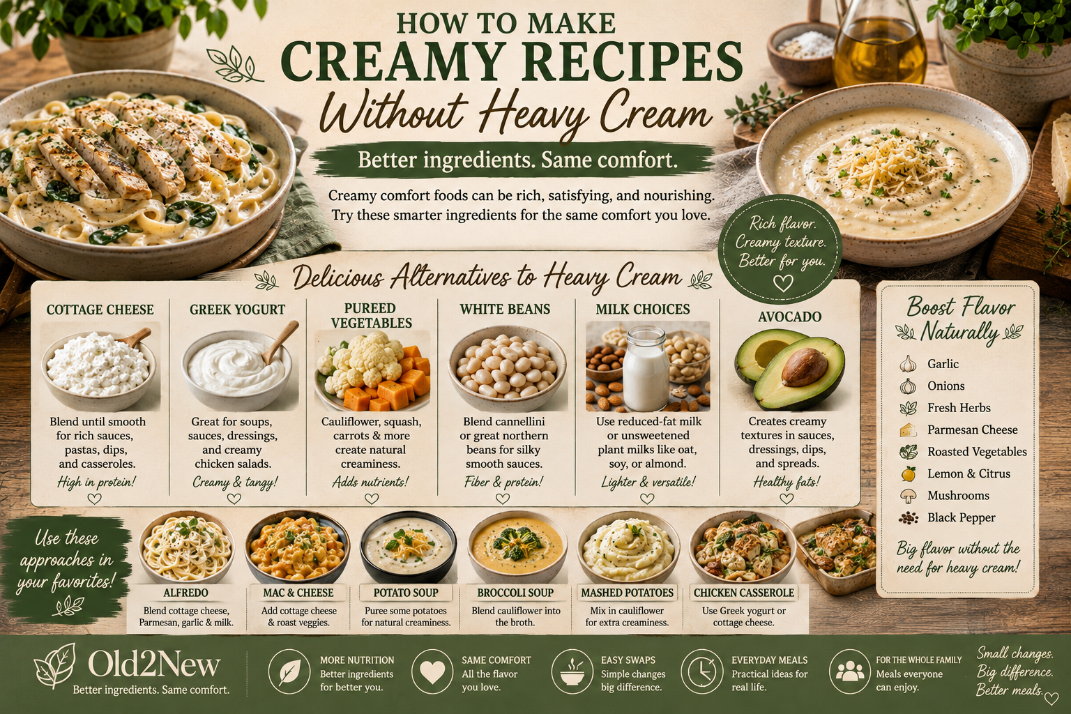 A creamy pasta dish in a white bowl alongside cottage cheese, Greek yogurt, and fresh herbs on a kitchen counter