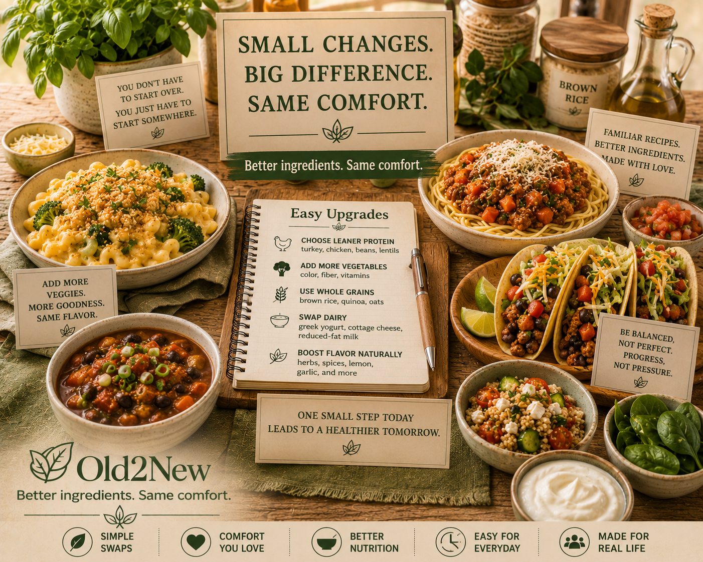 A home cook's kitchen counter with fresh vegetables, Greek yogurt, whole grains, and herbs alongside familiar comfort food ingredients