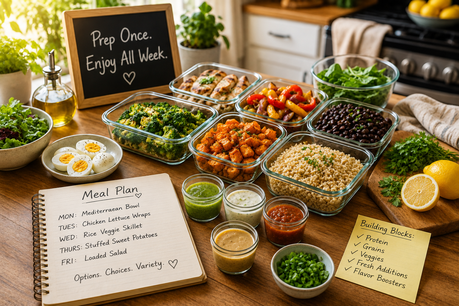 A warm, sunlit kitchen counter with glass meal prep containers filled with colorful ingredients โ cooked chicken, brown rice, roasted sweet potatoes, broccoli, black beans, hard-boiled eggs, fresh herbs, and small bowls of sauces โ beside an open meal planning notebook