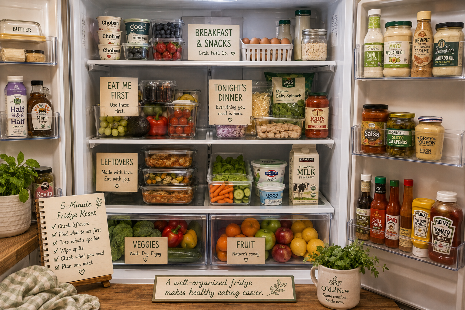A clean, well-organized refrigerator with clear containers, visible produce, labeled leftovers, and a designated eat-first section