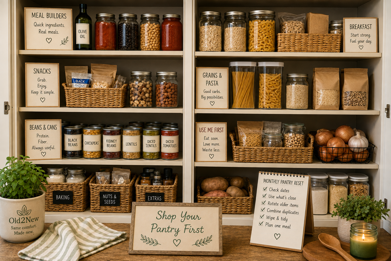 A well-organized pantry with labeled shelves, clear containers of grains and beans, grouped canned goods, and visible spices