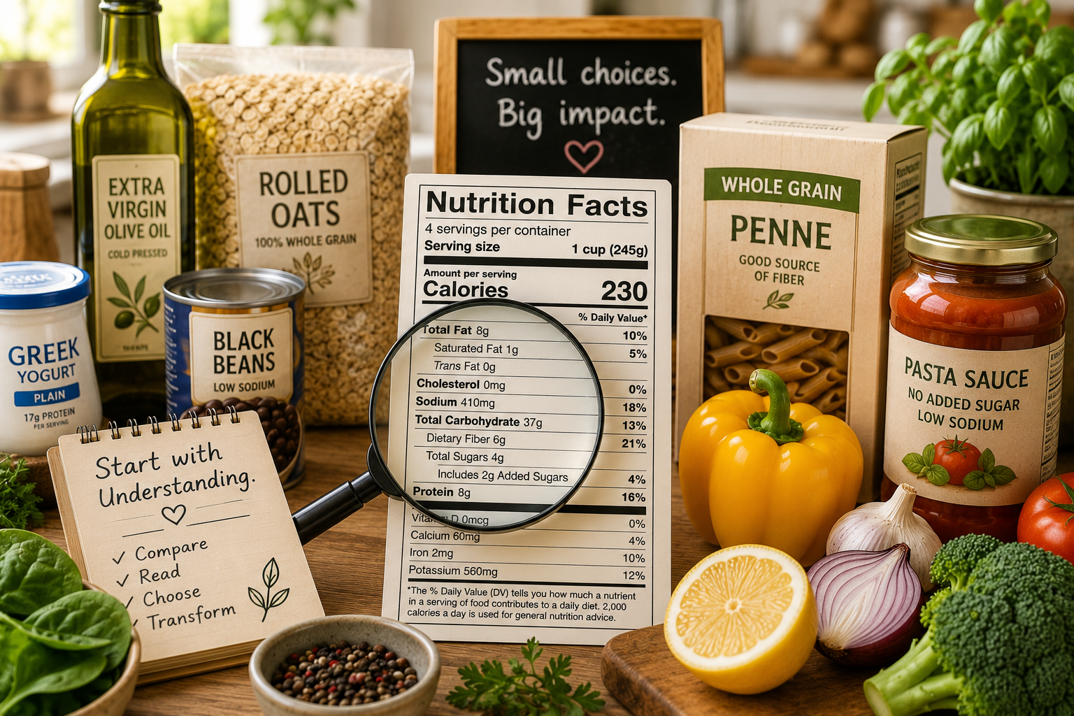 A bright kitchen counter with wholesome packaged pantry staples, fresh produce, and a magnifying glass resting on a Nutrition Facts label, surrounded by oats, canned beans, whole grain pasta, olive oil, Greek yogurt, and fresh vegetables