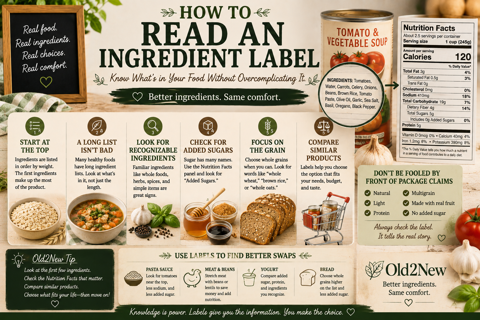 A hand holding a food package and reading the ingredient label in a bright grocery store