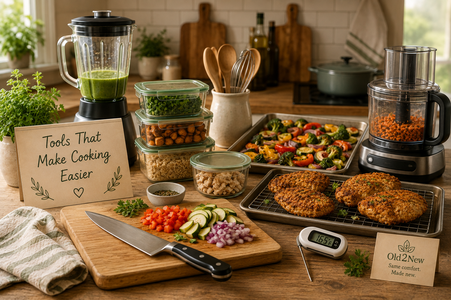 A clean kitchen counter with a chef's knife, cutting board, sheet pan, and blender β the essential tools for healthy cooking