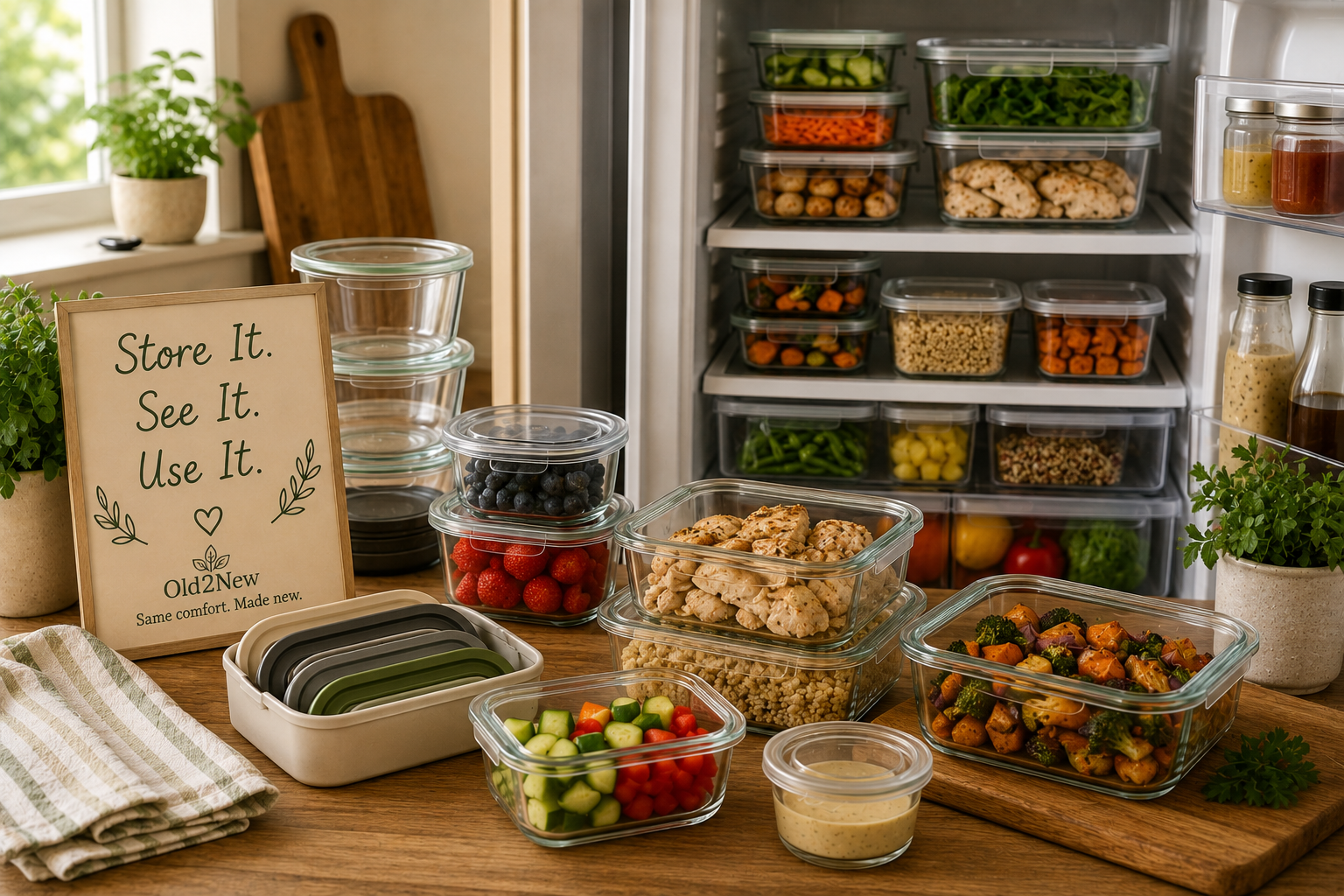 Clear glass and plastic meal prep containers neatly stacked in a refrigerator showing organized leftovers and prepped ingredients