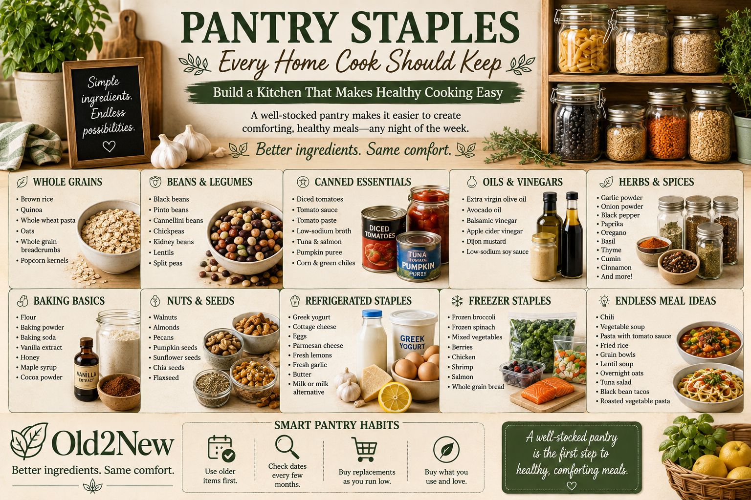 A well-organized pantry with whole grains, beans, canned goods, spices, and oils arranged on wooden shelves