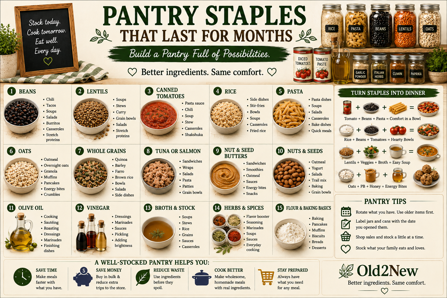 Neatly organized pantry shelves with labeled jars of grains, beans, canned goods, oils, and spices