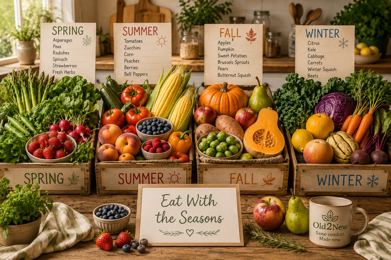 A colorful flat lay of seasonal produce showing strawberries, tomatoes, apples, and citrus representing the four seasons