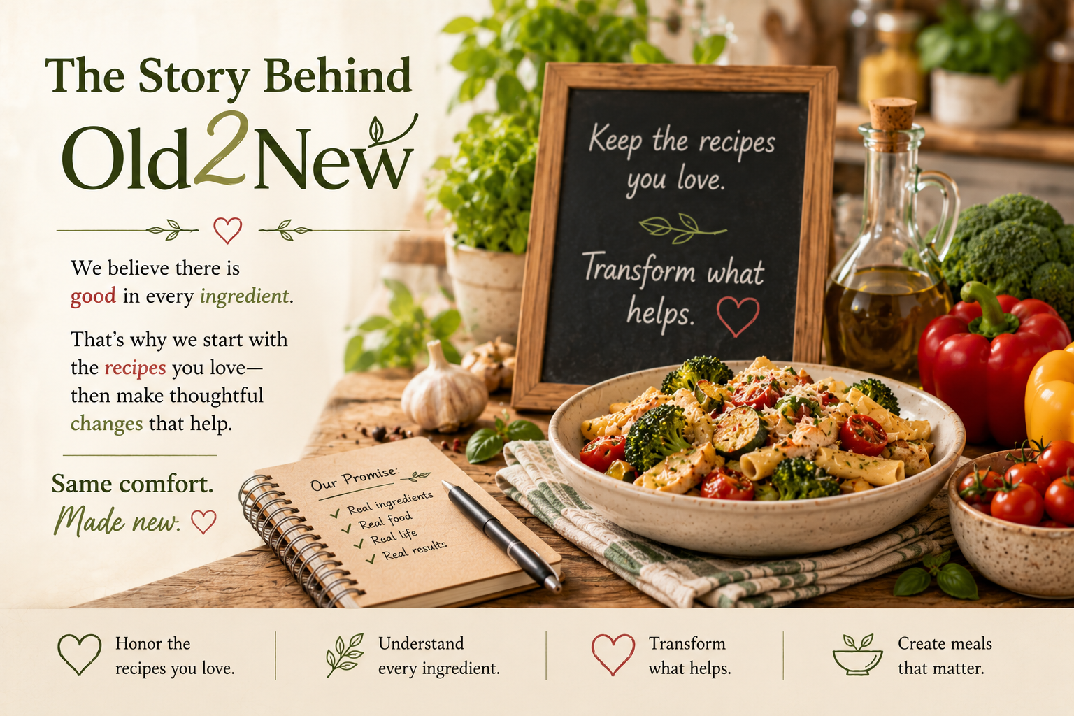 A warm home kitchen with a family recipe card, a wooden cutting board, fresh ingredients, and a pot on the stove โ the everyday setting where Old2New was born