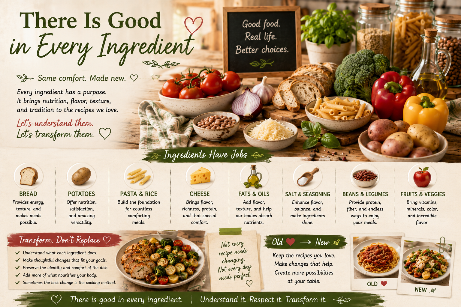 A wooden kitchen counter with a variety of ingredients β potatoes, pasta, bread, cheese, beans, eggs, vegetables, and fruit β showing the full range of everyday cooking ingredients without judgment