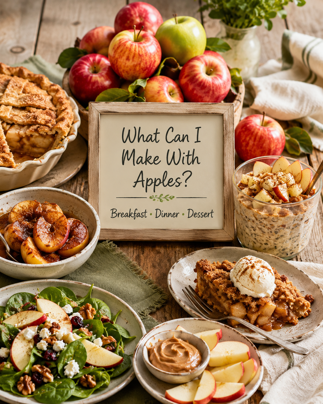 Fresh apples on a wooden cutting board with cinnamon sticks and herbs