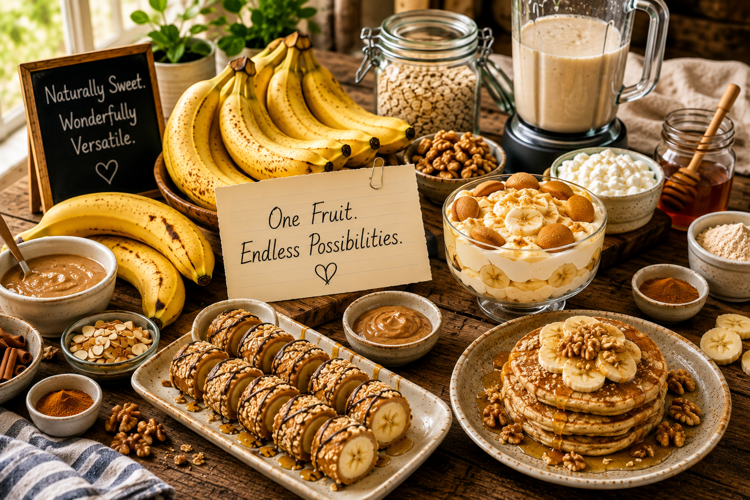 A rustic kitchen counter with ripe yellow and speckled bananas surrounded by oats, dark chocolate chips, nut butter, Greek yogurt, honey, cinnamon, eggs, and fresh berries β suggesting dozens of meal and snack possibilities