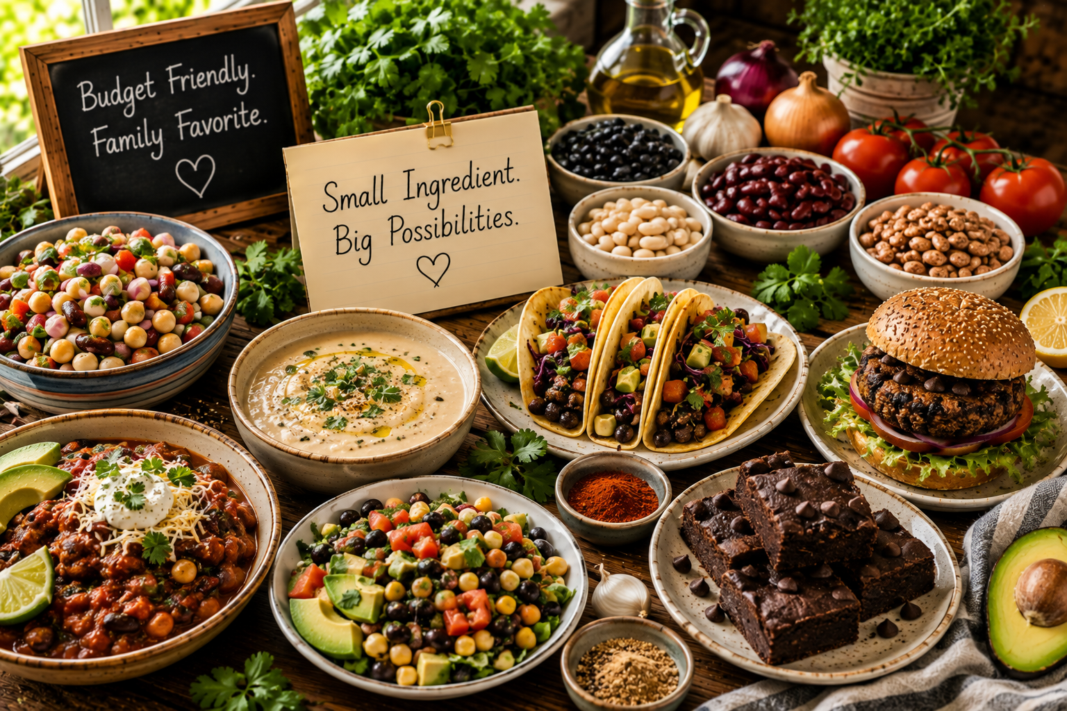 A warm farmhouse kitchen scene with bowls of black beans, kidney beans, cannellini beans, and pinto beans surrounded by garlic, onions, tomatoes, cilantro, avocado, olive oil, lemon, cumin, and smoked paprika β with small dishes showing black bean tacos, white bean soup, a three-bean salad, and a black bean burger