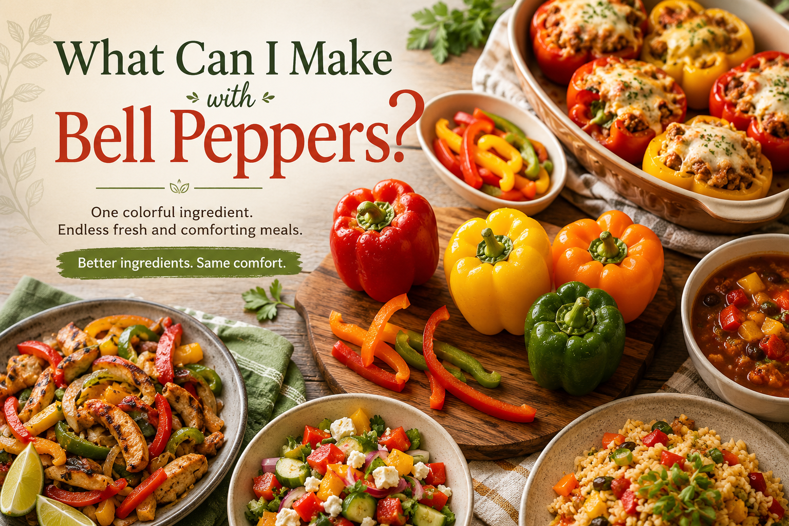 Fresh red, yellow, orange, and green bell peppers on a wooden cutting board