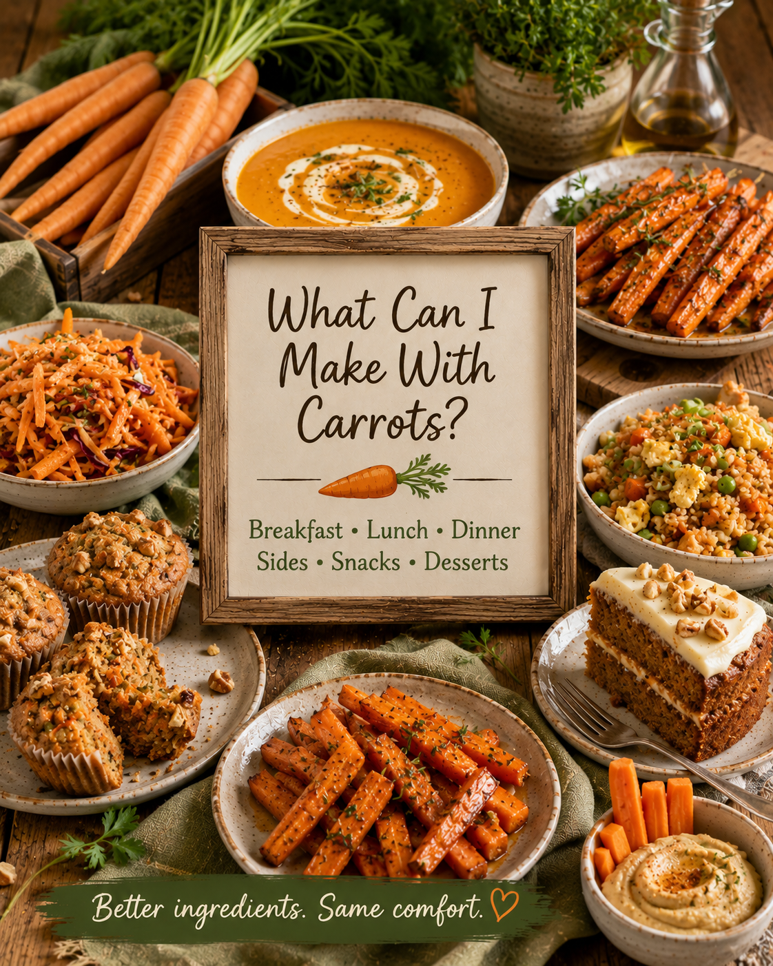 Fresh whole carrots with green tops on a rustic wooden cutting board