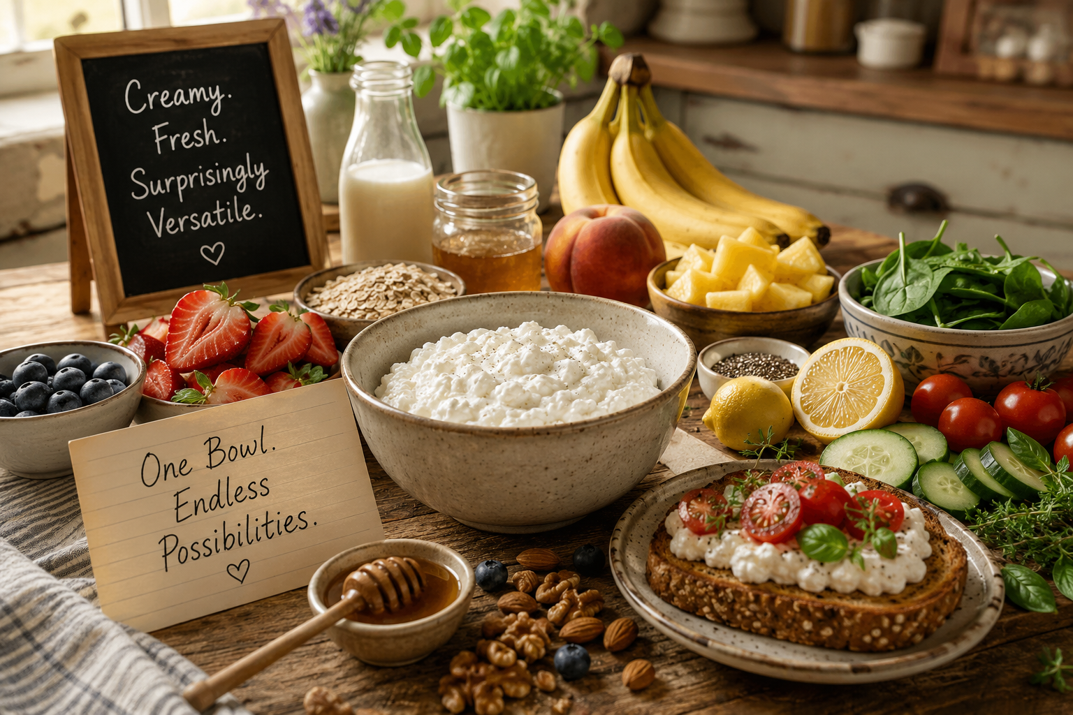 A rustic kitchen counter with a large container of cottage cheese surrounded by fresh berries, herbs, pasta, eggs, tomatoes, honey, nuts, cucumbers, and whole grain crackers โ suggesting dozens of meal possibilities
