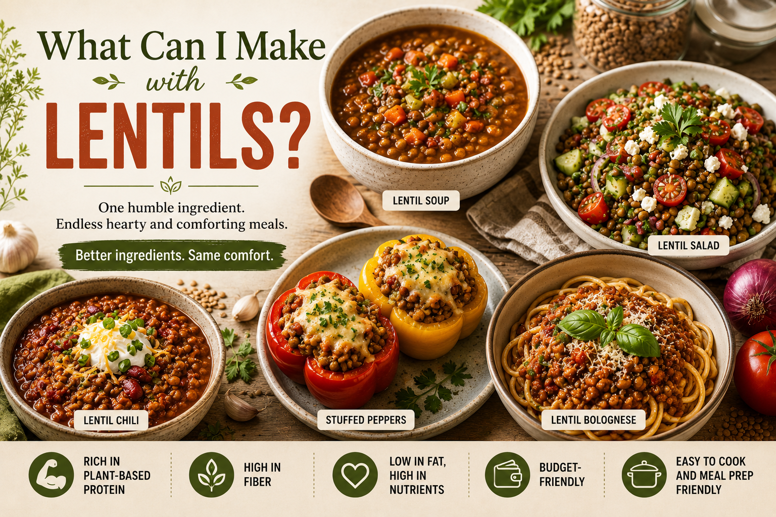 Assorted green, brown, red, and black lentils in small bowls on a wooden surface