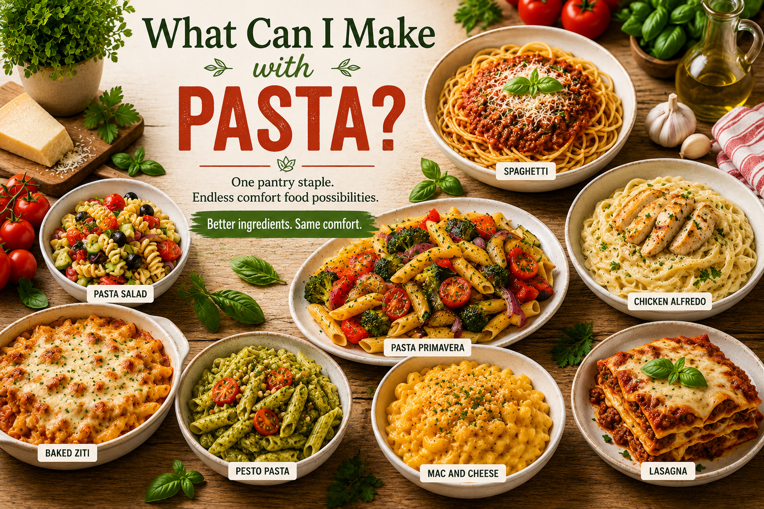 Assorted dried pasta shapes on a wooden surface with fresh herbs and tomatoes