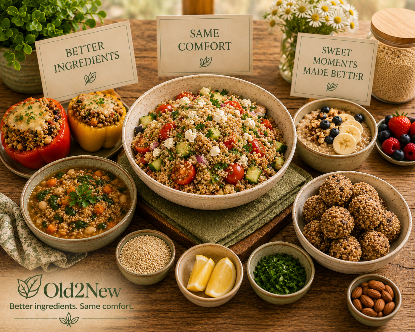 White, red, and black quinoa in small bowls on a wooden surface with fresh herbs