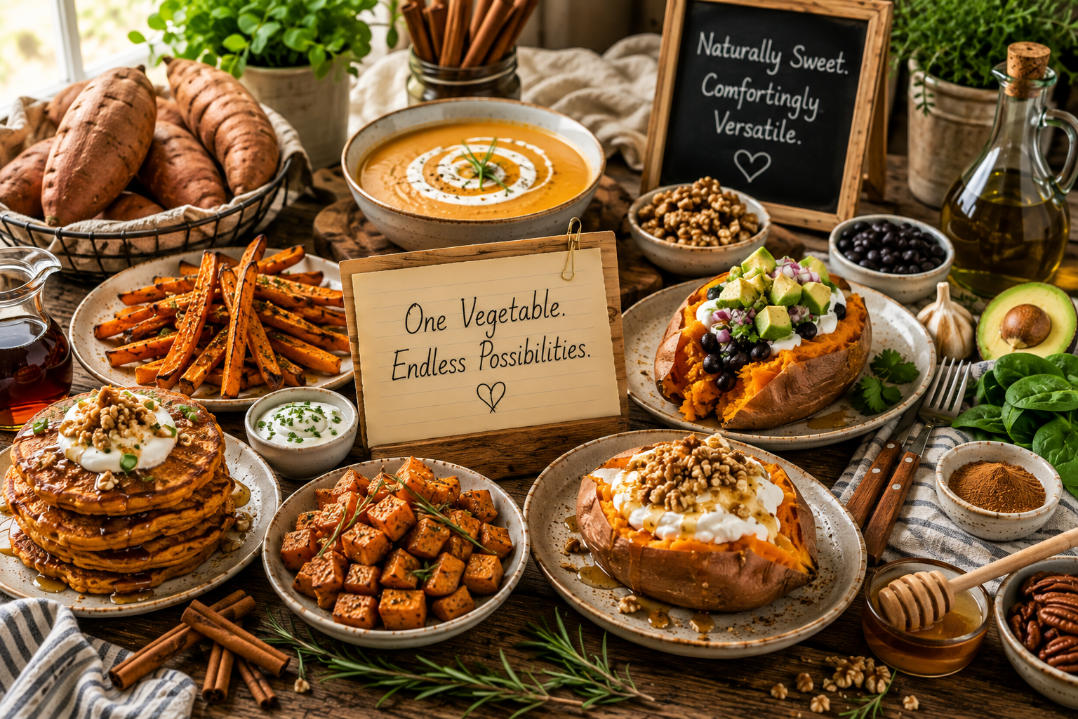 A rustic wooden surface with whole and halved sweet potatoes surrounded by black beans, cinnamon, maple syrup, fresh herbs, Greek yogurt, spinach, olive oil, and colorful toppings โ suggesting endless meal possibilities