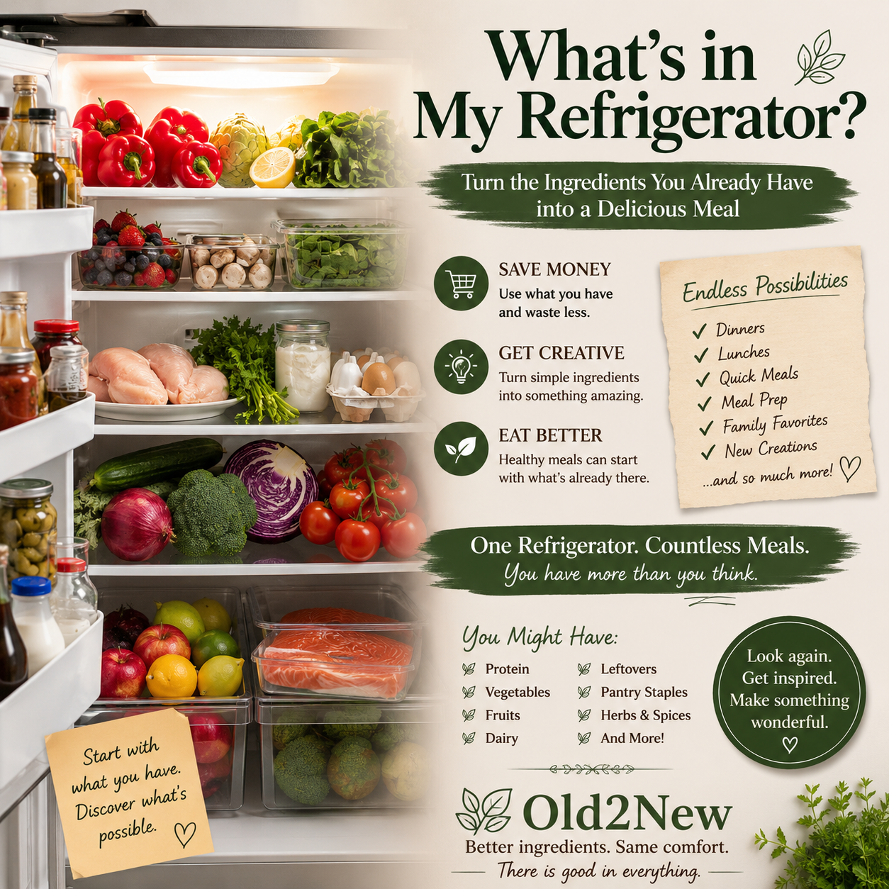 An open refrigerator showing everyday ingredients β chicken, eggs, spinach, bell peppers, cottage cheese, leftover rice, and vegetables β next to a finished meal built from those same ingredients on a warm kitchen counter